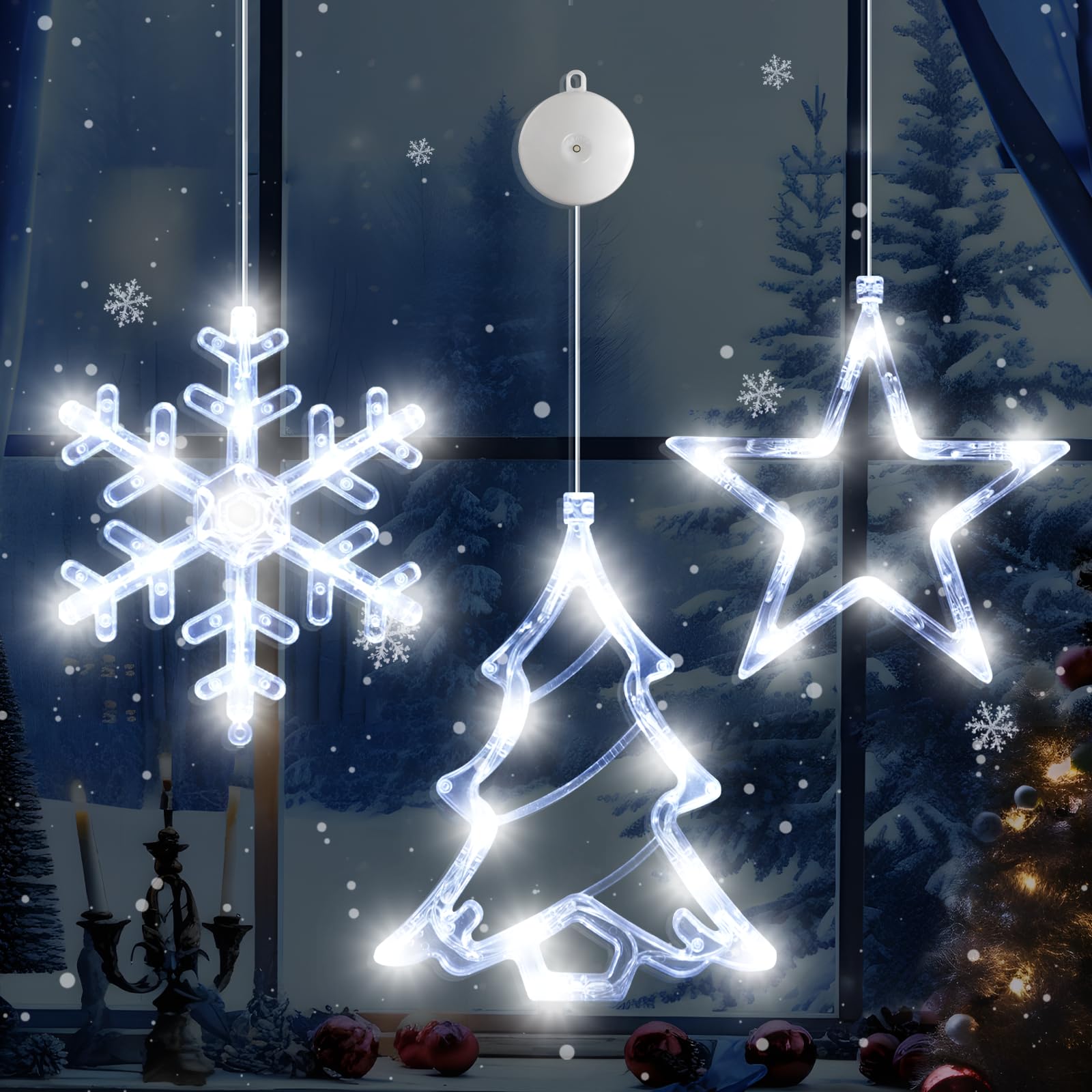 Photo 1 of LYUBASA [Timer] 3Pcs Christmas Window Lights Decorations, Battery Powered Christmas Window Hanging White Lighted Snowflake Tree Star Shaped LED Sucker for Xmas Tree Fireplace Window Indoor Decor
