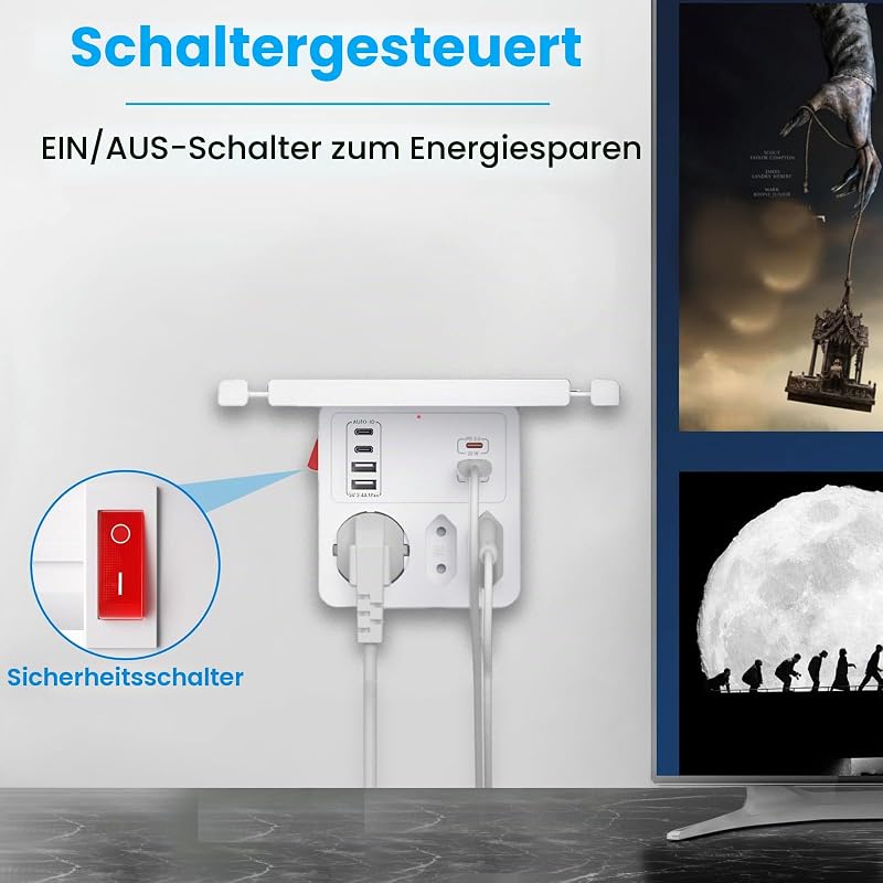 Mehrfachstecker für Steckdose USB C PD20W Schnellladung, mit Handy Ablage