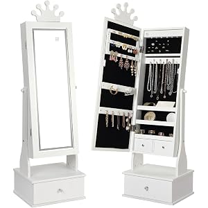 Kids Jewelry Armoire Cabinet with Full Mirror & Drawers for Girls, White | Freestanding Jewelry Organize,3 Color Touch Contro