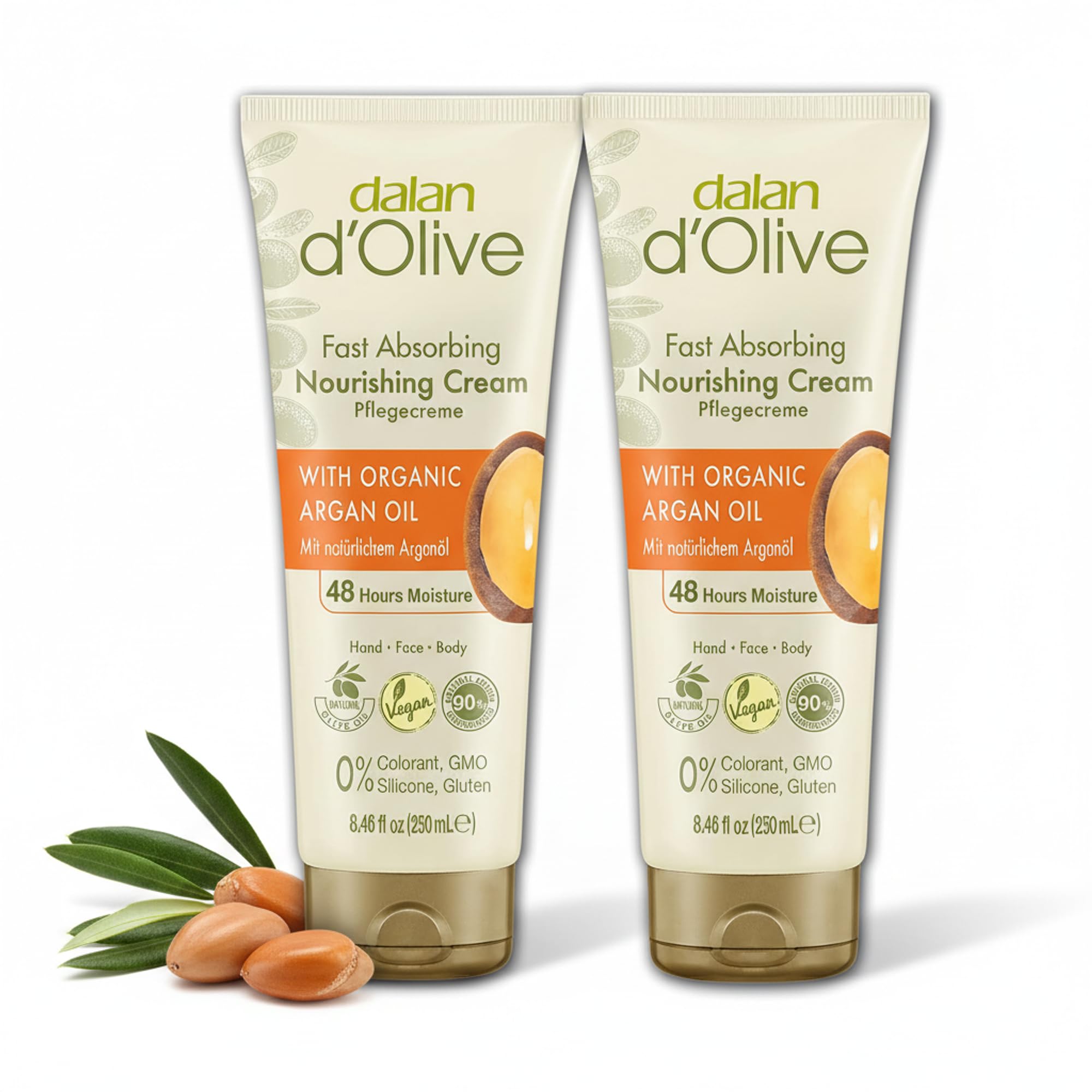 Dalan d'Olive Argan Oil Cream Set of 2 - Natural Care with Olive Oil, Vegan and Moisturiser for Hand, Face and Body, 0% Dyes, Silicone, GMO, 250 ml
