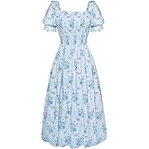 Scarlet Darkness Floral Dress for Women Summer Puff Sleeve Square Neck A Line Flowy Wedding Guest Tea Party Dresses