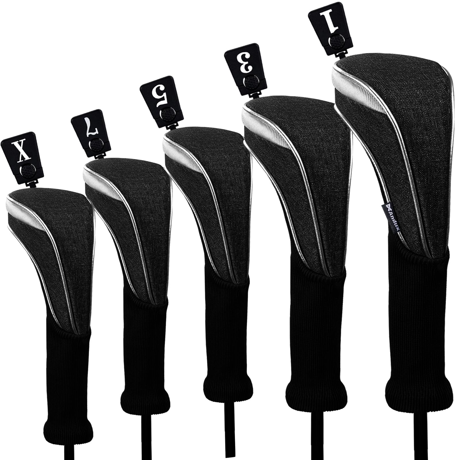 Andux 5pcs/Set Nylon Golf Wood Club Head Covers 460cc Driver Covers Long Neck Black