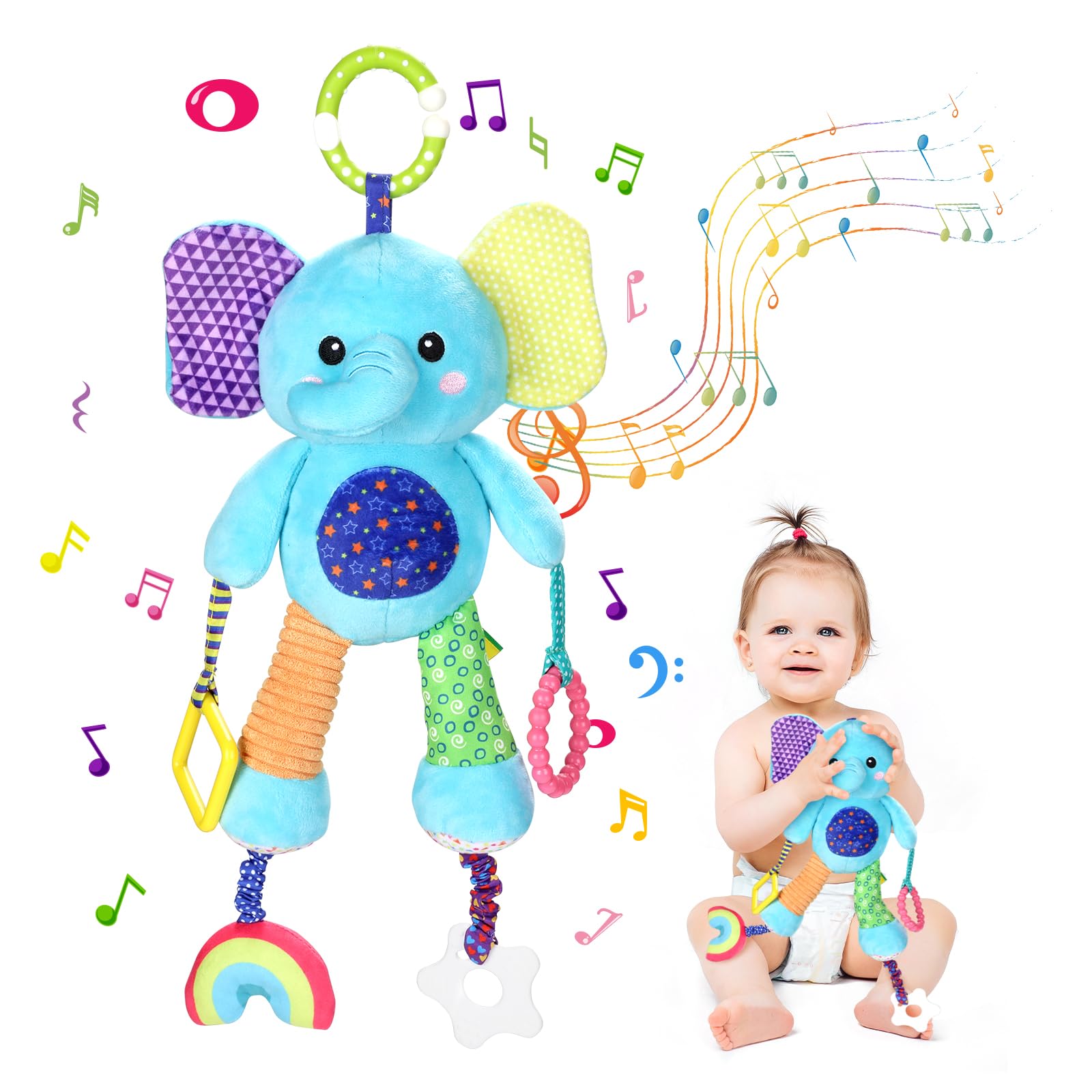 Venditer Baby Pram Toy, Pushchair Hanging Rattle Toys, Clip on Car Seat Stroller Toys, Plush Sensory Toy for Newborn 0-6 Months, Car Crib Travel Activity Toy