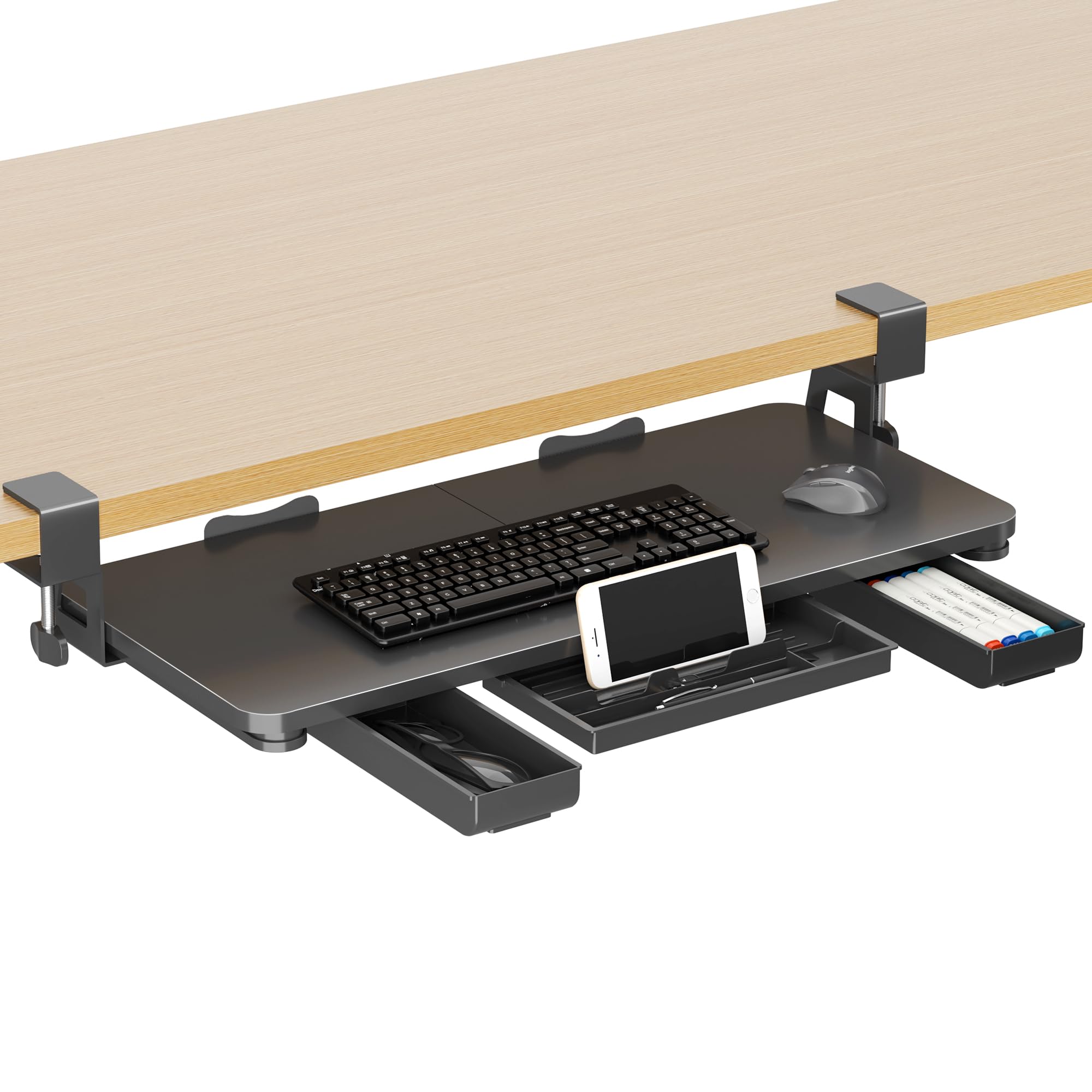 Photo 1 of XINLEI Keyboard Tray Under Desk with Storage Drawer Large C-Clamp 26.7”(31” Including Clamps) x 11.8” Slide-Out Platform Computer Drawer Pull Out Keyboard & Mouse Tray DSF7CT