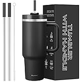 40 oz Tumbler with Handle and Straw, 2 in 1 Lid, Vacuum Insulated Stainless Steel Double Wall Water Bottle Travel Mug - Holiday Gifts for Women Men - Black