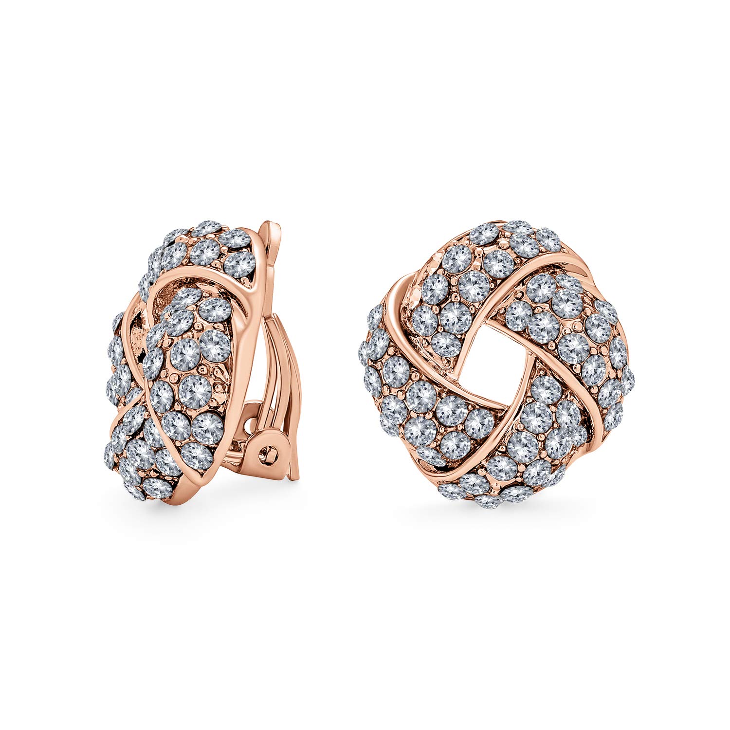Woven White Clear Crystal Love Knot Work Clip On Earrings For Women Non Pierced Ears Rose Gold Plated Brass — image 1