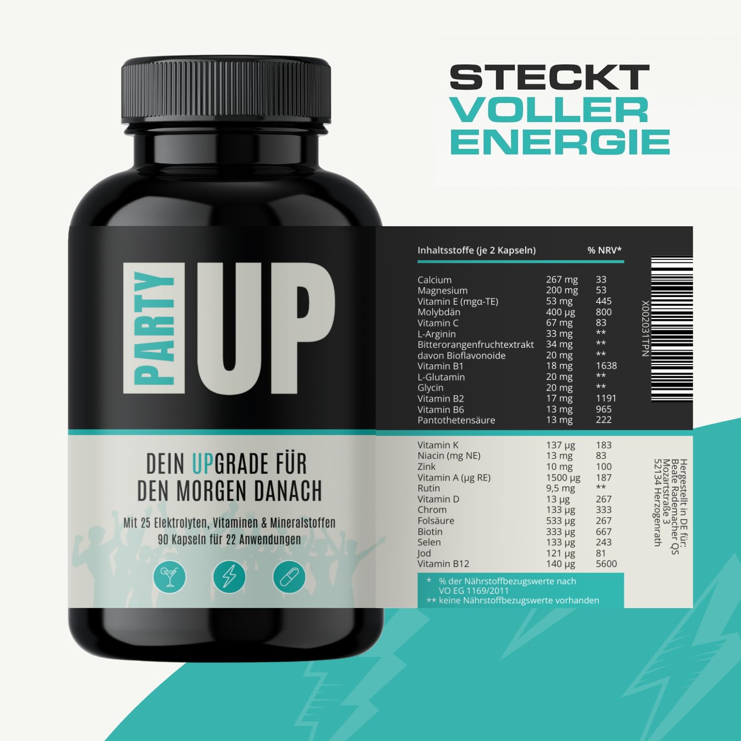 PARTYUP mit 25 Elektrolyten, Vitaminen & Mineralstoffen, 90 After Party Kapseln, für den Morgen Danach, 90 Kapseln 7
