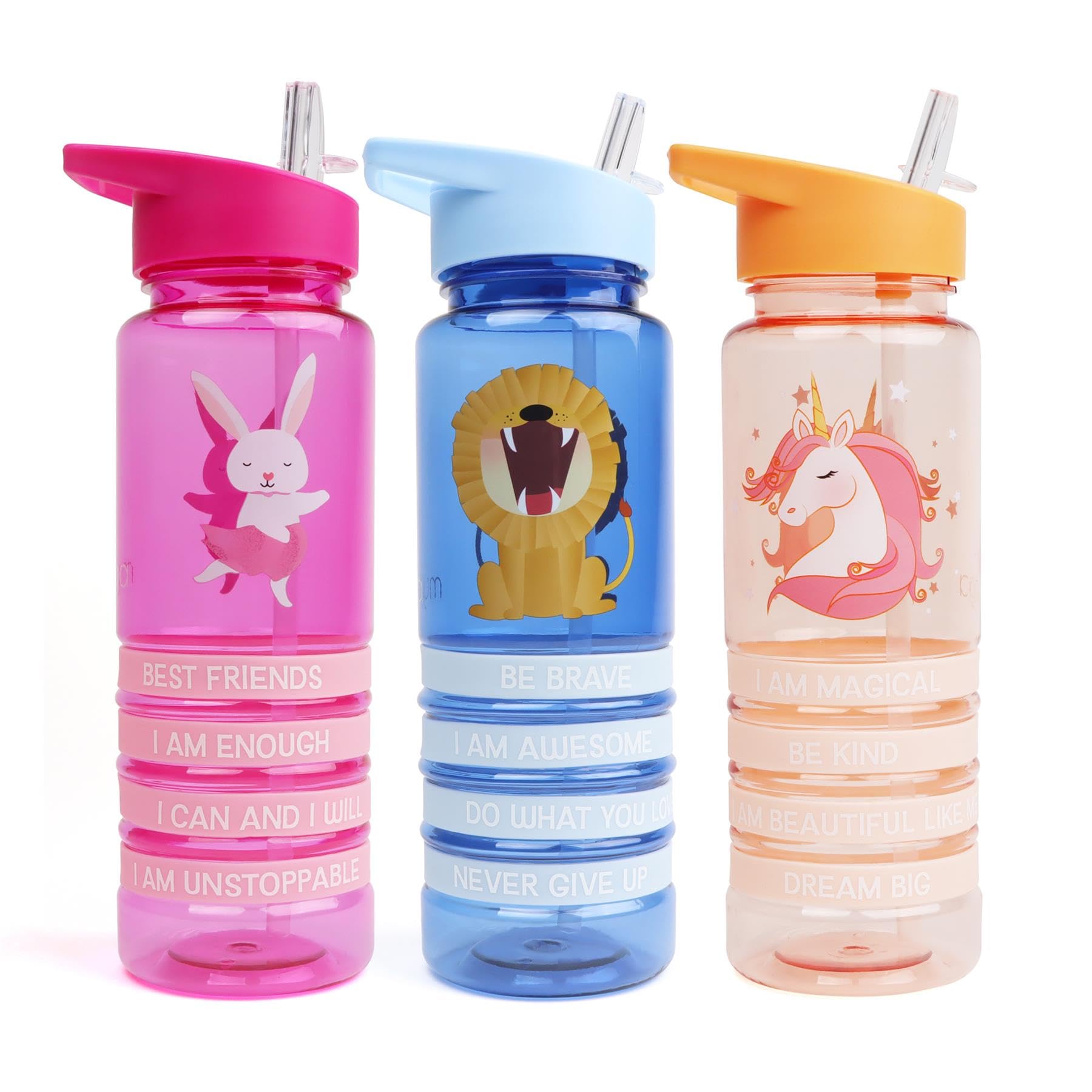Myga Kids Water Bottle with Wristbands – 650ml Childrens Leakproof Water Bottle with Straw & Carry Handle - Lightweight BPA-Free Reusable Drinks Bottle for Kids with Affirmation Bracelets – Rabbit