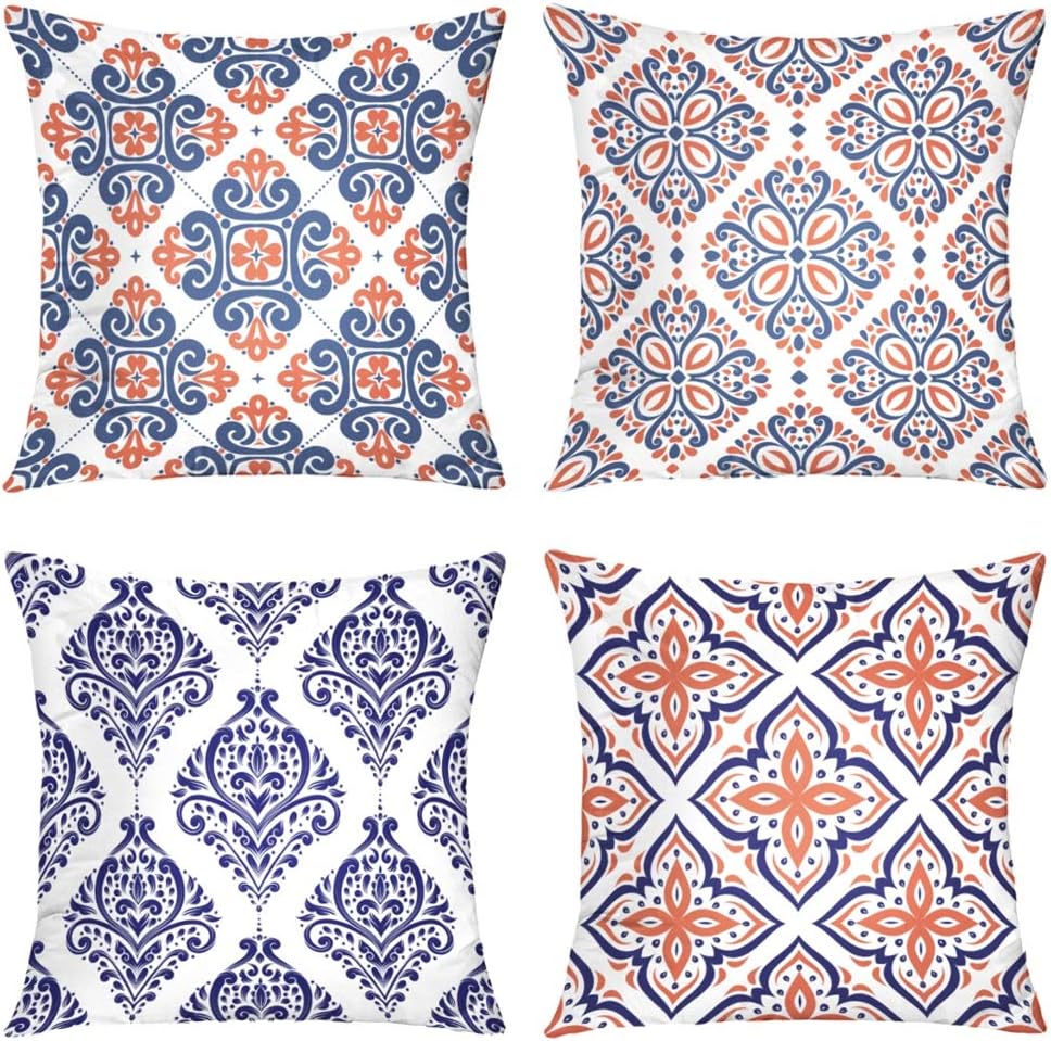 Suesoso Boho Pillow Cover Paisley 18X18 inch Set of 4 Bohemian Pillow Covers Couch Pillows Blue Orange Floral Medallion Compass Mandala Style Cushion Cover Sofa Bed Farmhouse Terrace Outdoor Decor
