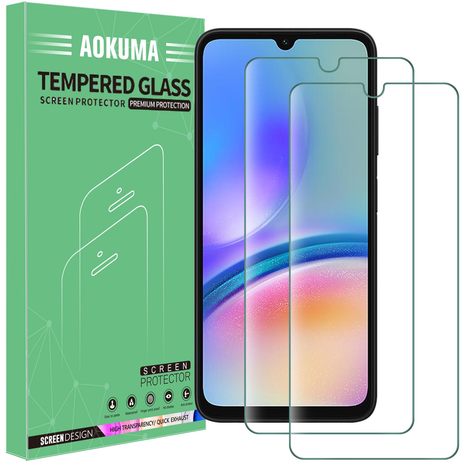 AOKUMA Tempered Glass for Samsung Galaxy A05s/A05 5G Screen Protector, [2 Pack] Premium Quality Guard Film, Case Friendly, Shatterproof, Shockproof, Scratchproof oilproof