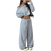 SOLY HUX Women's 2 Piece Outfits Off the Shoulder Long Sleeve Crop Tops and Wide Leg Pants Matching Set