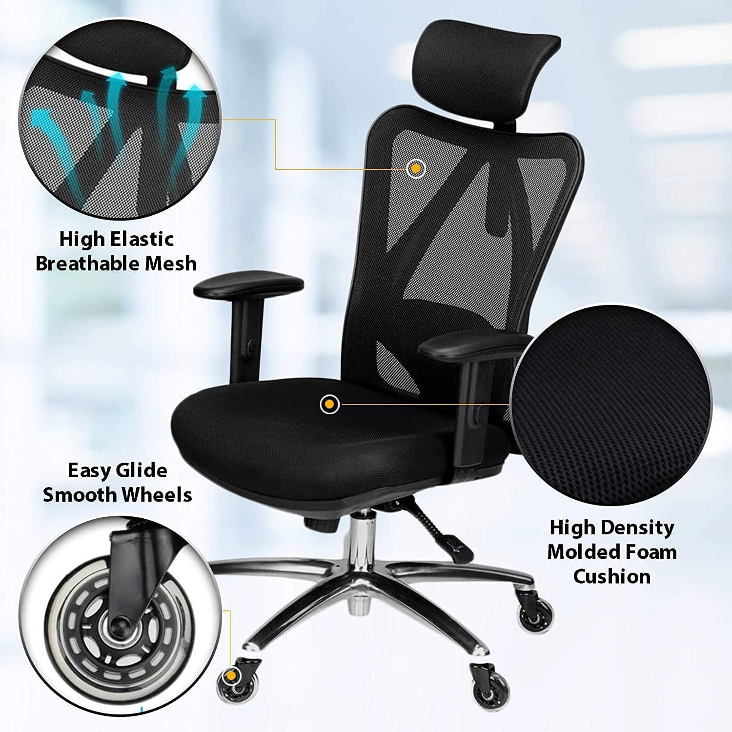Ergonomic Office Chair - Adjustable High-Back Desk Chair with Lumbar Support, Rollerblade Wheels, Breathable Mesh, Thick Seat Cushion, Headrest Armrests - Reclining Executive Computer Home Chair - Image 3