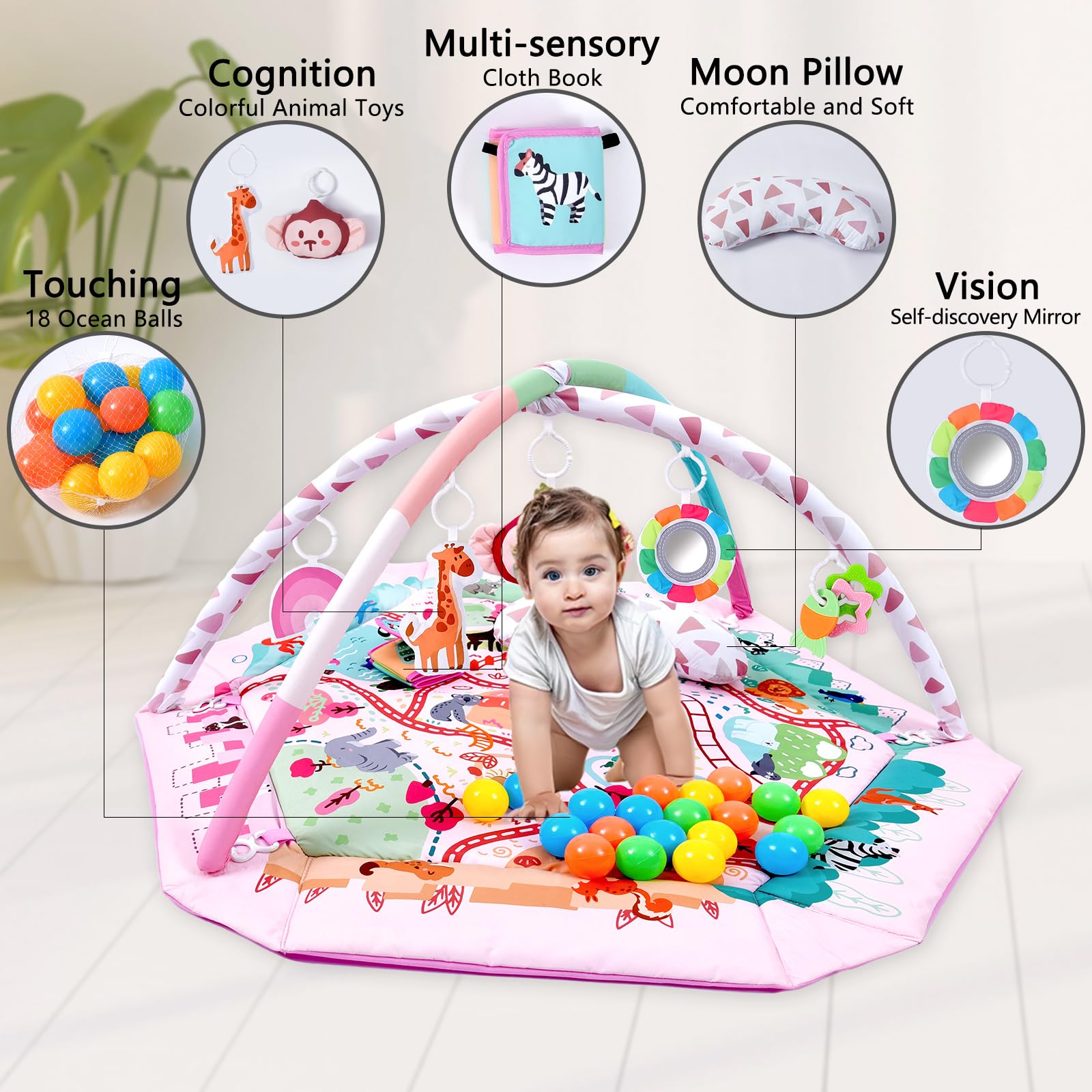 TFDER Baby Gym Play Mat, 8-in-1 Tummy Time Mat & Activity Gym, Washable Ball Pit, Infant Play Mat with Detachable Toys for Sensory Exploration and Motor Skill Development