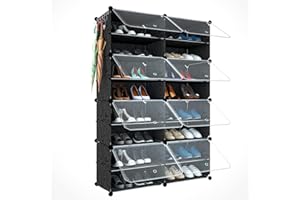 HOMICKER Shoe Rack Organizer, 32 Pair Shoe Storage Cabinet with Door Expandable Plastic Shoe Shelves for Closet,Heels,Boots,Slippers,8 Tier