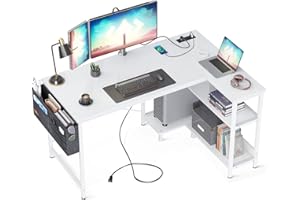 ODK 48 Inch Small L Shaped Computer Desk with Power Outlets, Corner Desk with PC Stand & Reversible Storage Shelves for Small Space Home Office Workstation, Modern Simple Writing Study Table, White