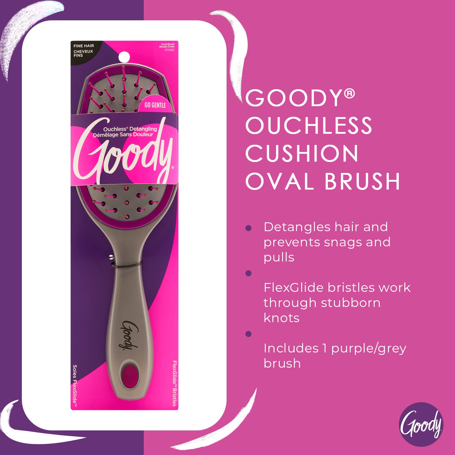 Goody Detangling Oval Hair Brush, Purple, and Grey - For All Hair Types - FlexiGlide Bristles Prevent Snags and Pull That Damage Your Hair - Pain-Free Hair Accessories for Women, Men, Boys, and Girls
