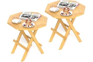 RELAX4LIFE Folding Outdoor Side Table - Set of 2 Teak Wood End Table, Octagonal Coffee Bistro Table w/Slatted Tabletop, Porta