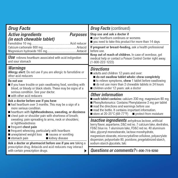 AMAZON BASIC CARE DUAL ACTION COMPLETE, CHEWABLE ACID REDUCER PLUS ANTACID TABLETS, BERRY FLAVOR, HEARTBURN MEDICINE, ACID INDIGESTION RELIEF, 50 COUNT
