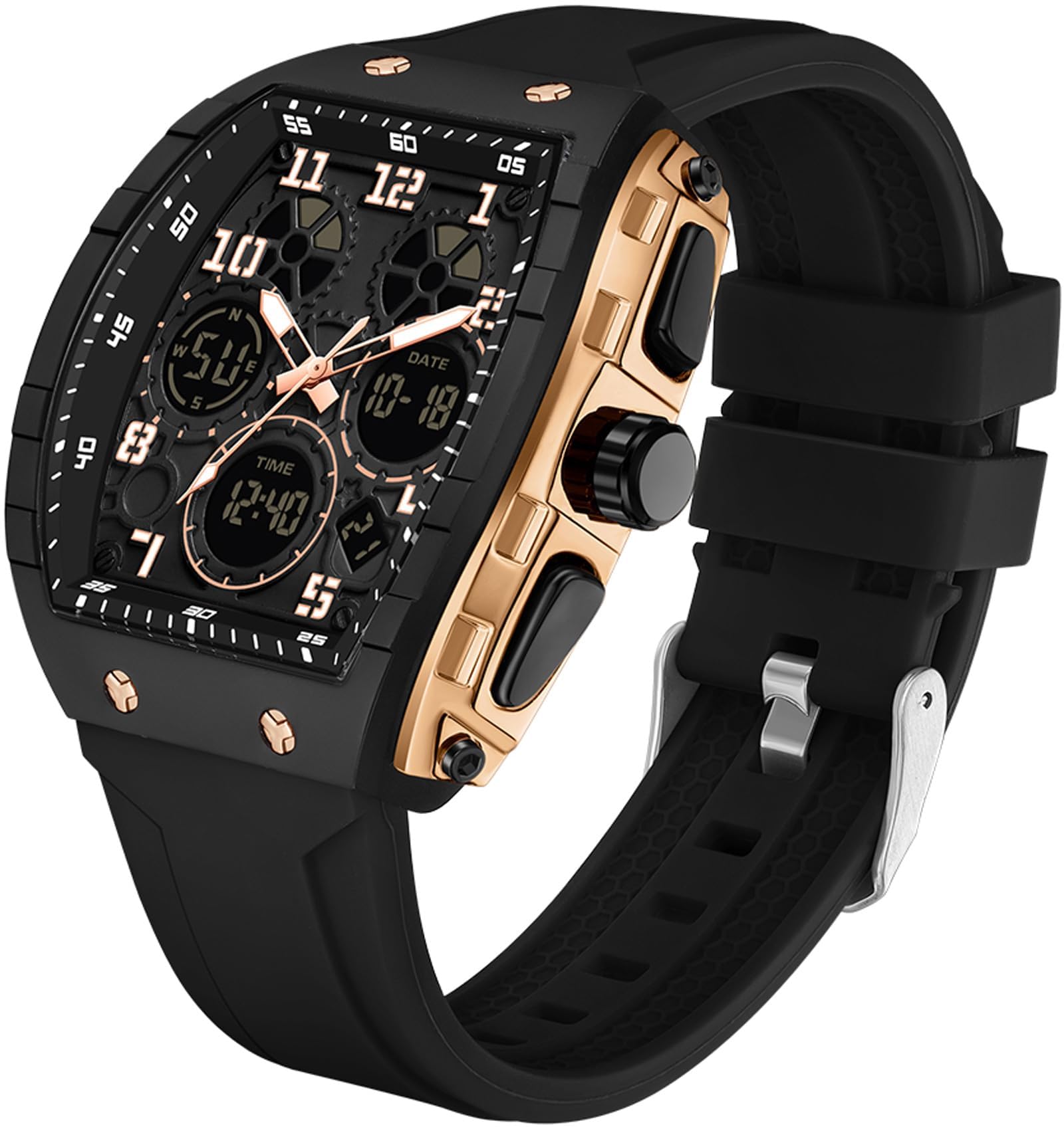 Photo 1 of Watches for Men Unique Rectangle Relojes Para Hombres Rose Gold Wristwatch with Digital Analog Dual Time Display Countdown Stopwatch Punk Cool Design 5ATM Waterproof