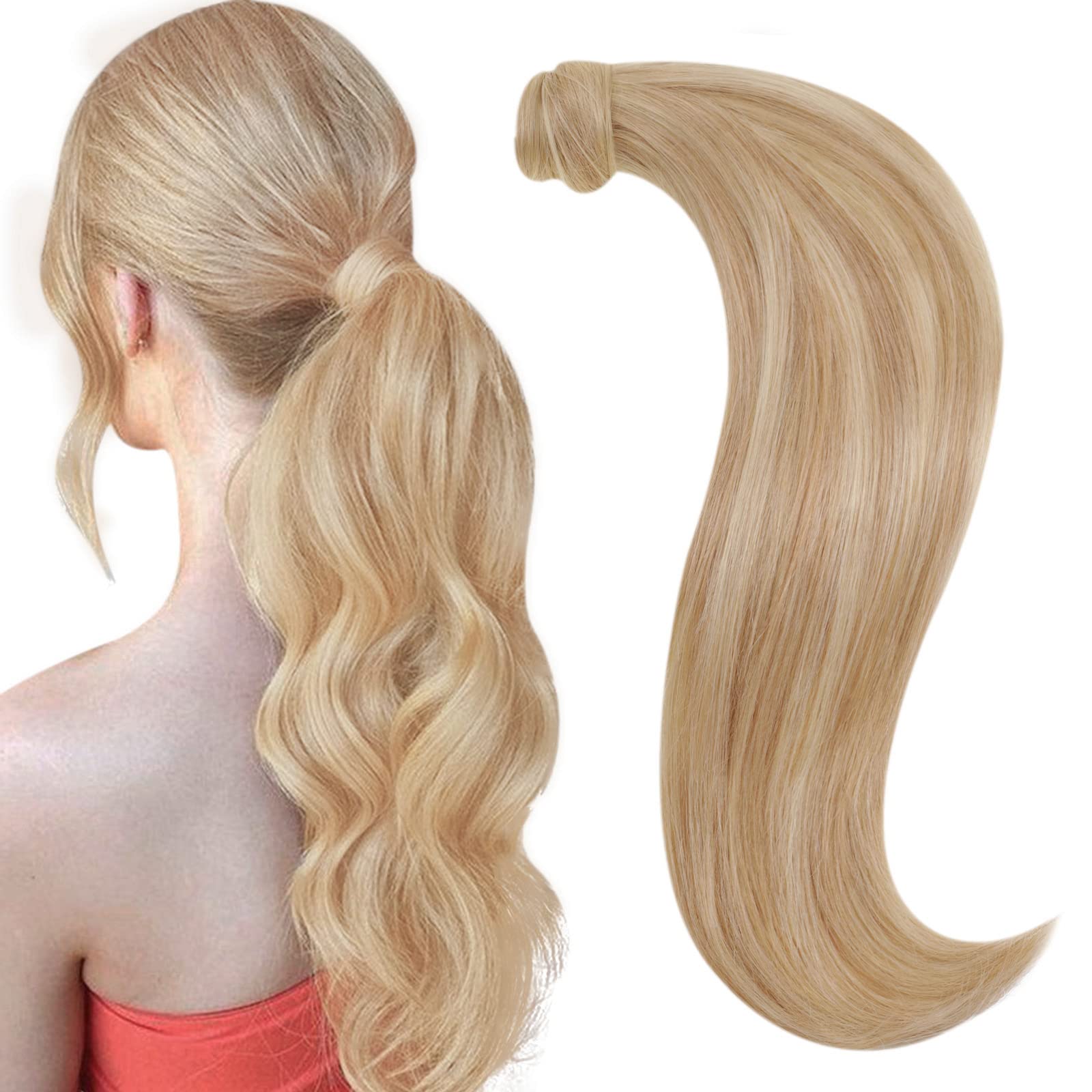 RUNATURE Pony tail Extension Human Hair 12 Inch Blonde Highlights Ponytail Extension Human Hair Straight Real Hair Ponytail Extension Short 70g #16P24 — image 1