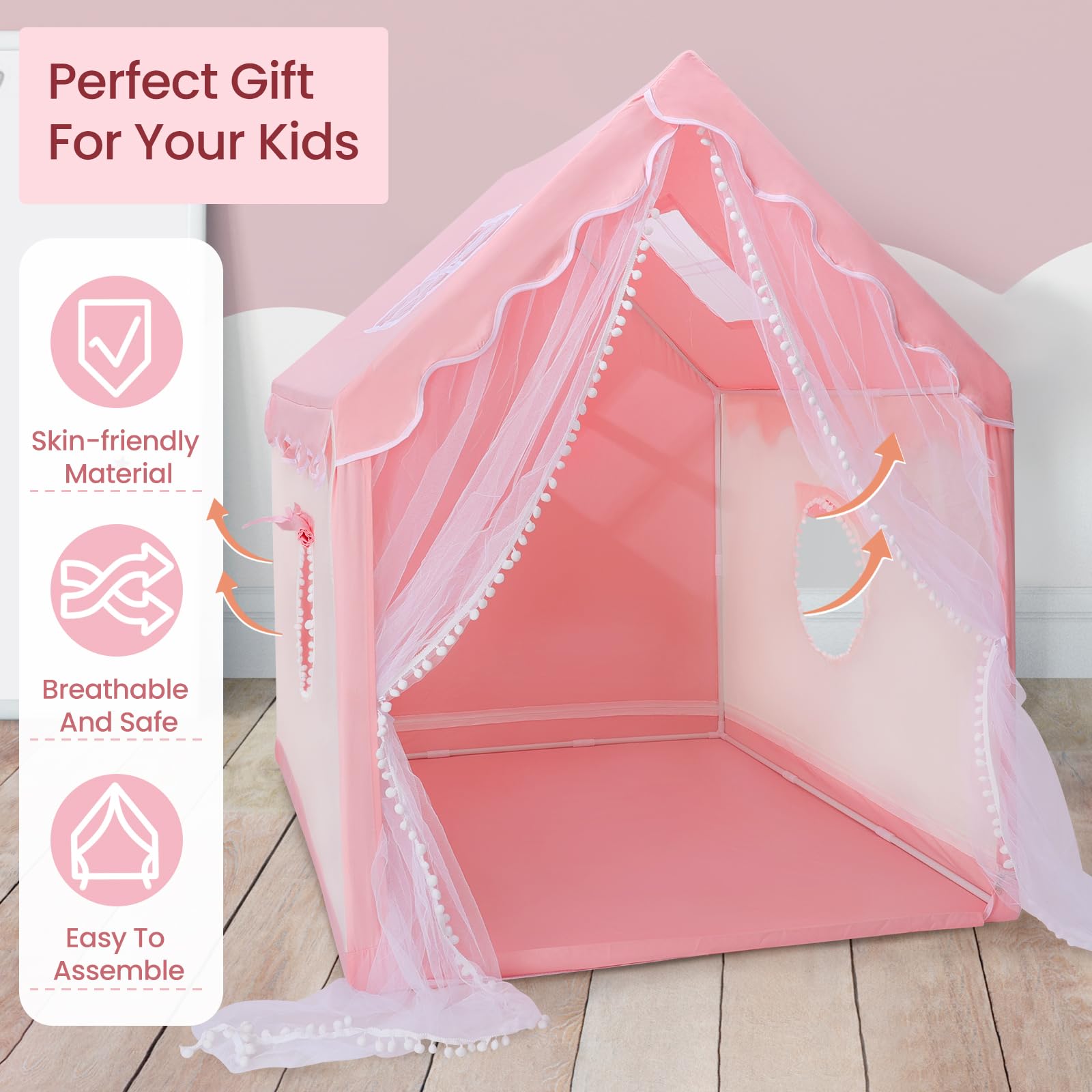 Kids Tent Play Tents for Toddler Children Indoor and Outdoor Large Pink Girls Princess Playhouse Castle with Windows Kids Room Furniture 47
