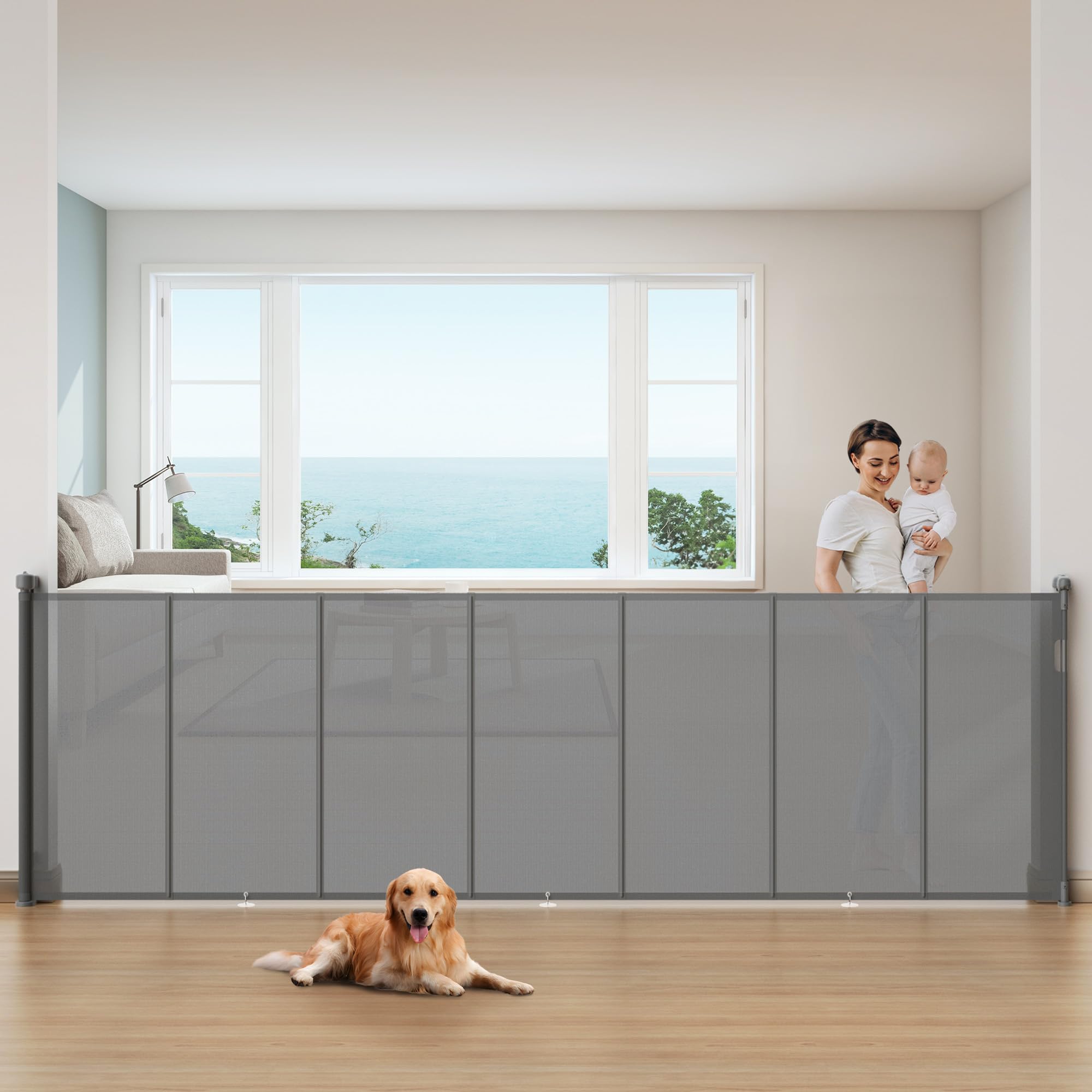 Photo 1 of 120 Inch Retractable Baby Gates Extra Wide, 42 Inch Tall Retractable Gate, 10 FT Reinforced Retractable Dog Gate with Rods & Hooks to Prevent Crawling Through, for Stairs, Indoor/Outdoor, Gray