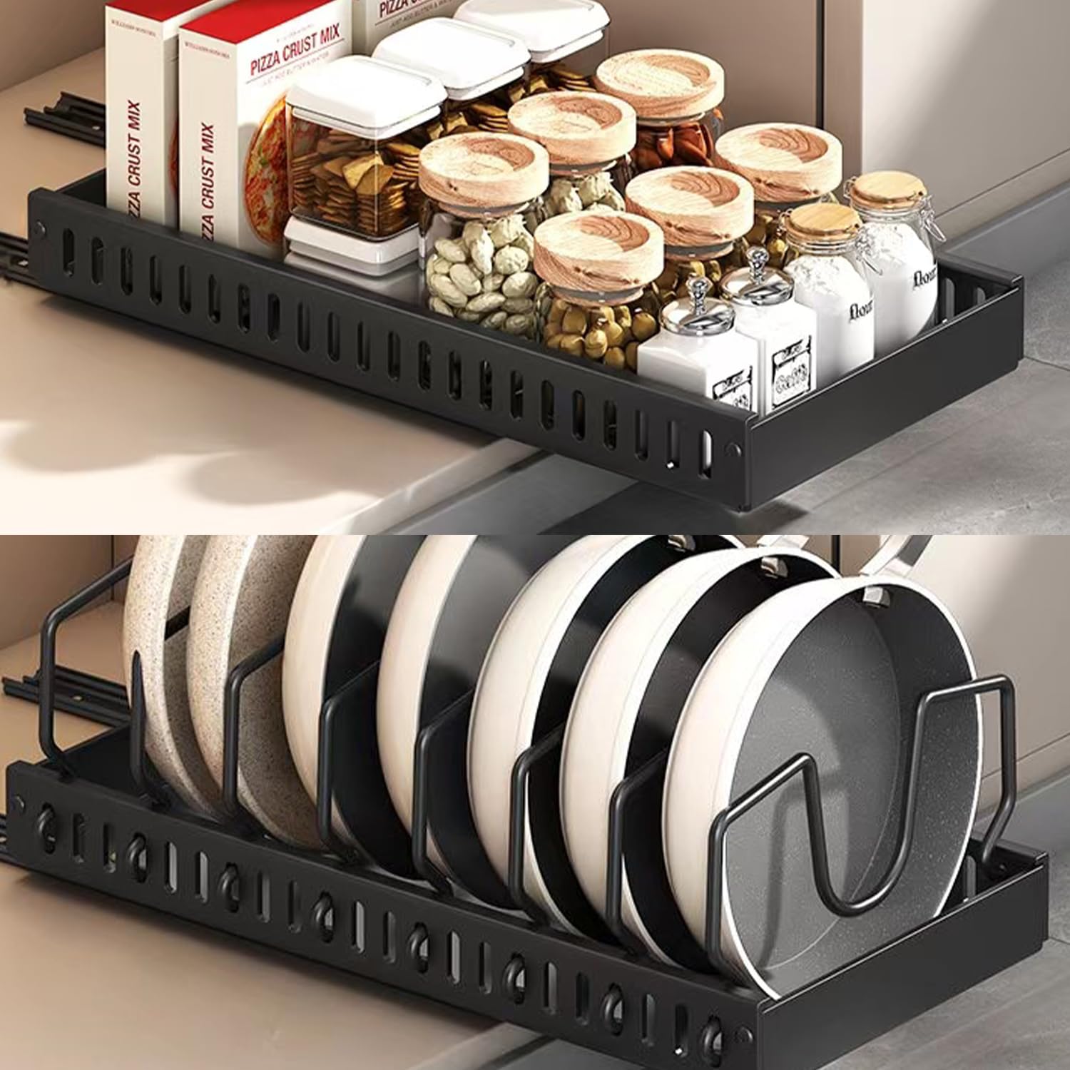 Pull Out Cabinet Organiser,Pan Lid Holder,Pull Out Kitchen Storage,Heavy Duty Storage Slide Out Drawers for Kitchen Cabinets,Pull Out Drawers for Cupboards Living Room,Home(Black/21W*42D*3.2Hcm)