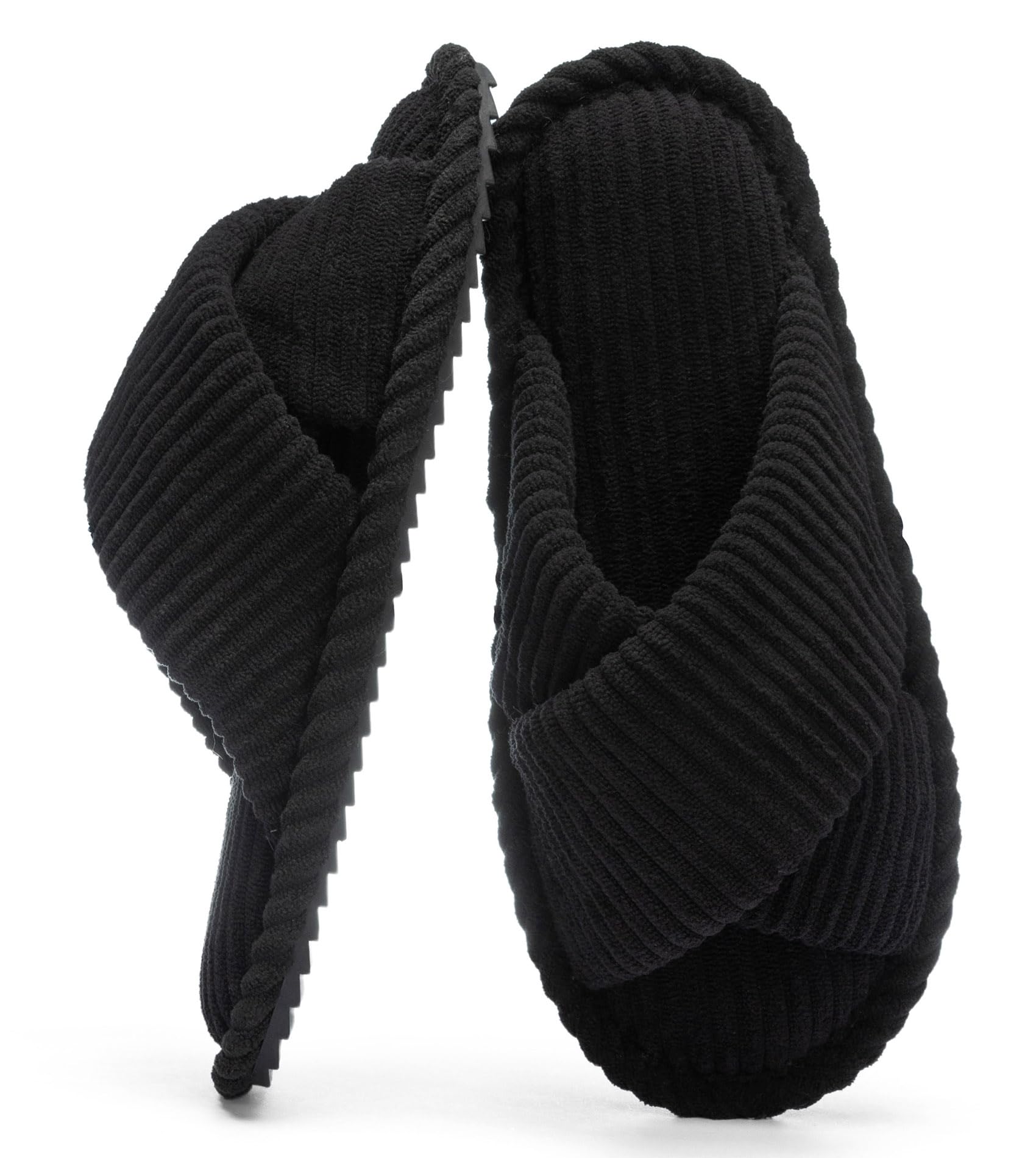 Photo 1 of GOEWY House Slippers for Women Fuzzy Womens Slippers Indoor Outdoor Open Toe With Cross Band Corduroy Memory Foam Warm Gifts for Woman Size 7 8 Black