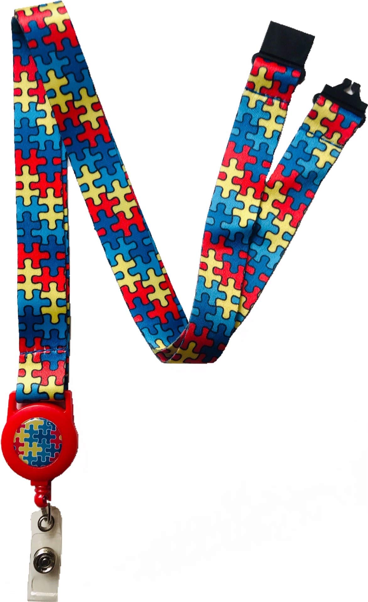 20mm Autism Awareness Jigsaw Puzzle Lanyard & Safety Breakaway & Integrated Retractable ID Badge Reel