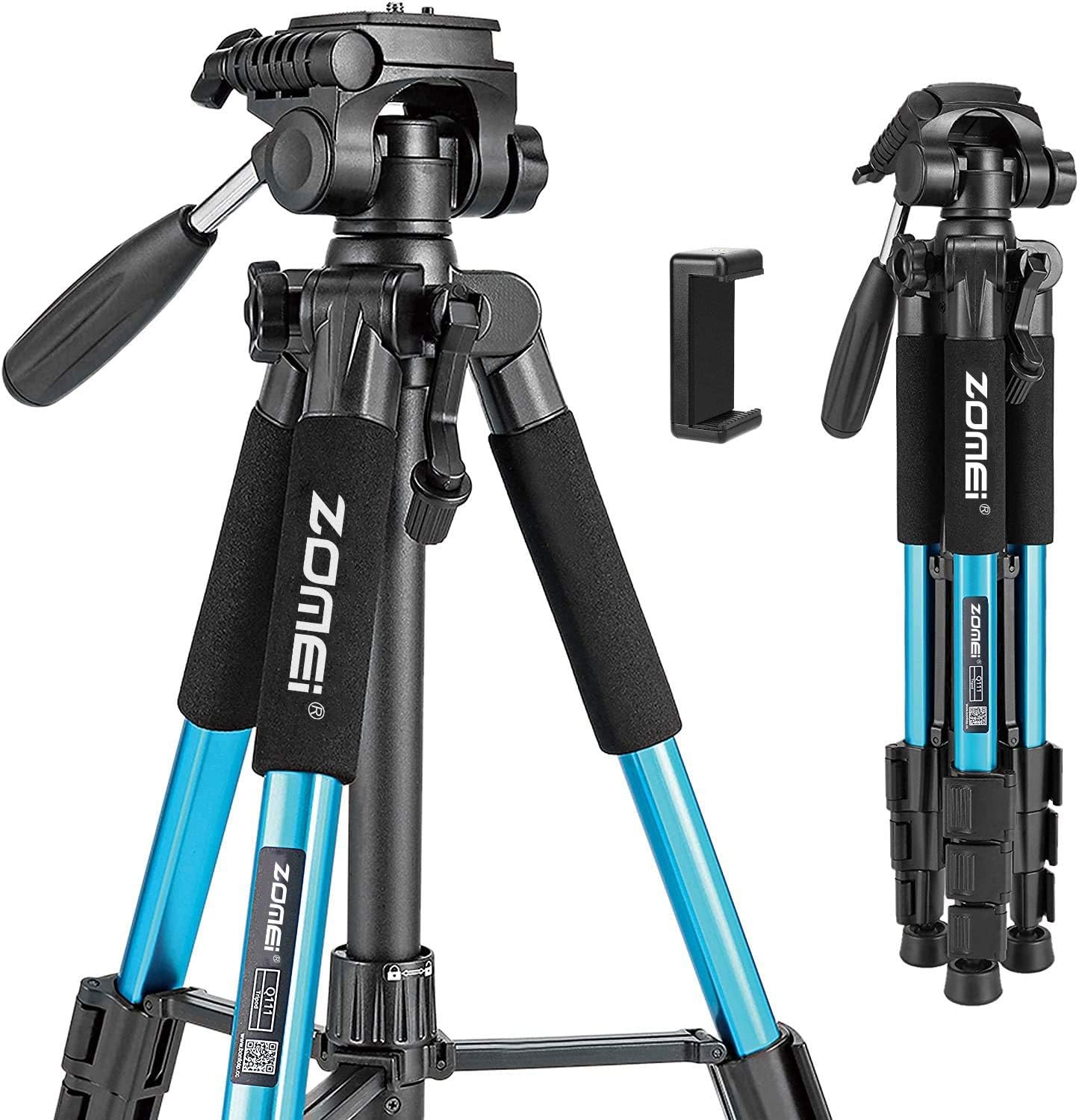 Zomei Q111 Camera Tripod Mobile Phone Tripod, Aluminum Alloy Travel Tripod Lightweight Camera Tripod 3 Way Swivel Head, Quick Release Plate, Phone Holder and Bag, 47-140cm (Blue) — image 1