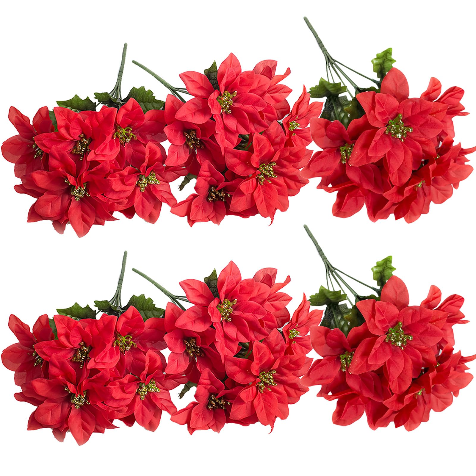 RTWAY Artificial Poinsettia Bushes, 4 Pack 7 Heads Silk Fabric Christmas Red Poinsettia Bushes, Artificial Poinsettia Bouquet Fake Poinsettias Flowers for Xmas, 35cm/13.8in