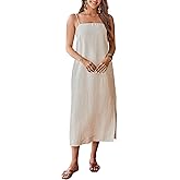 FIOPHY 100% Linen Dress Square Neck Sleeveless Spaghetti Strap Summer Casual Midi Summer Dresses with Slit
