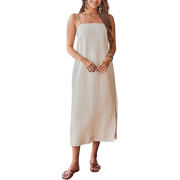 Amazhiyu Women's 100% Linen Midi Dress - Sleeveless Spaghetti Strap Summer Dress