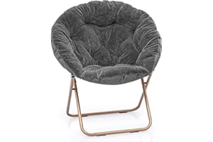 MoNiBloom Round Folding Faux Fur Saucer Chair for Bedroom Living Room Dorm Garden Courtyard Foldable Metal Frame Oversized Large Comfy Furry Padded Soft Lounge Lazy Cozy Moon Chair for Adults (Gray)