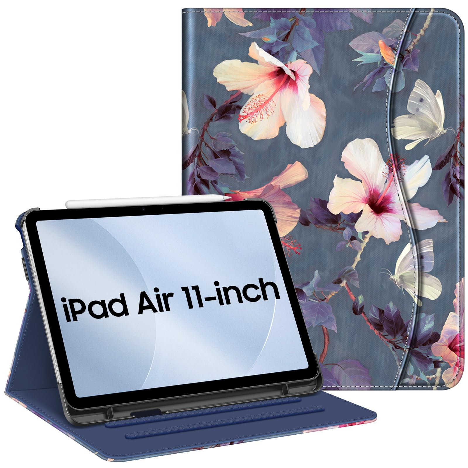 FINTIE Case for iPad Air 11 Inch M4 (2026)/M3 (2025)/M2 (2024), iPad Air 5th Generation (2022) 10.9 Inch - [Multi-Angle ] Folio Stand Protective Cover with Pencil Holder & Pocket, Blooming Hibiscus — image 1