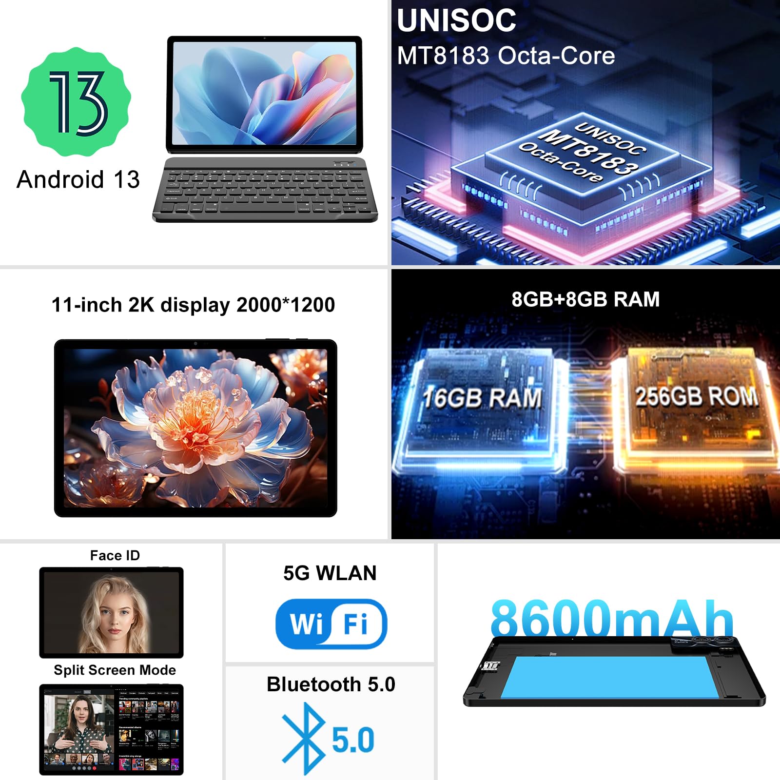 Mua 2024 2K Tablet 11 Inch Android 13 | Octa-Cores | 16GB RAM+256GB ROM | 2K Display 2000*1200 | WiFi 6 | BT5.0 | 4 Speakers | 8600mAh | 13MP…