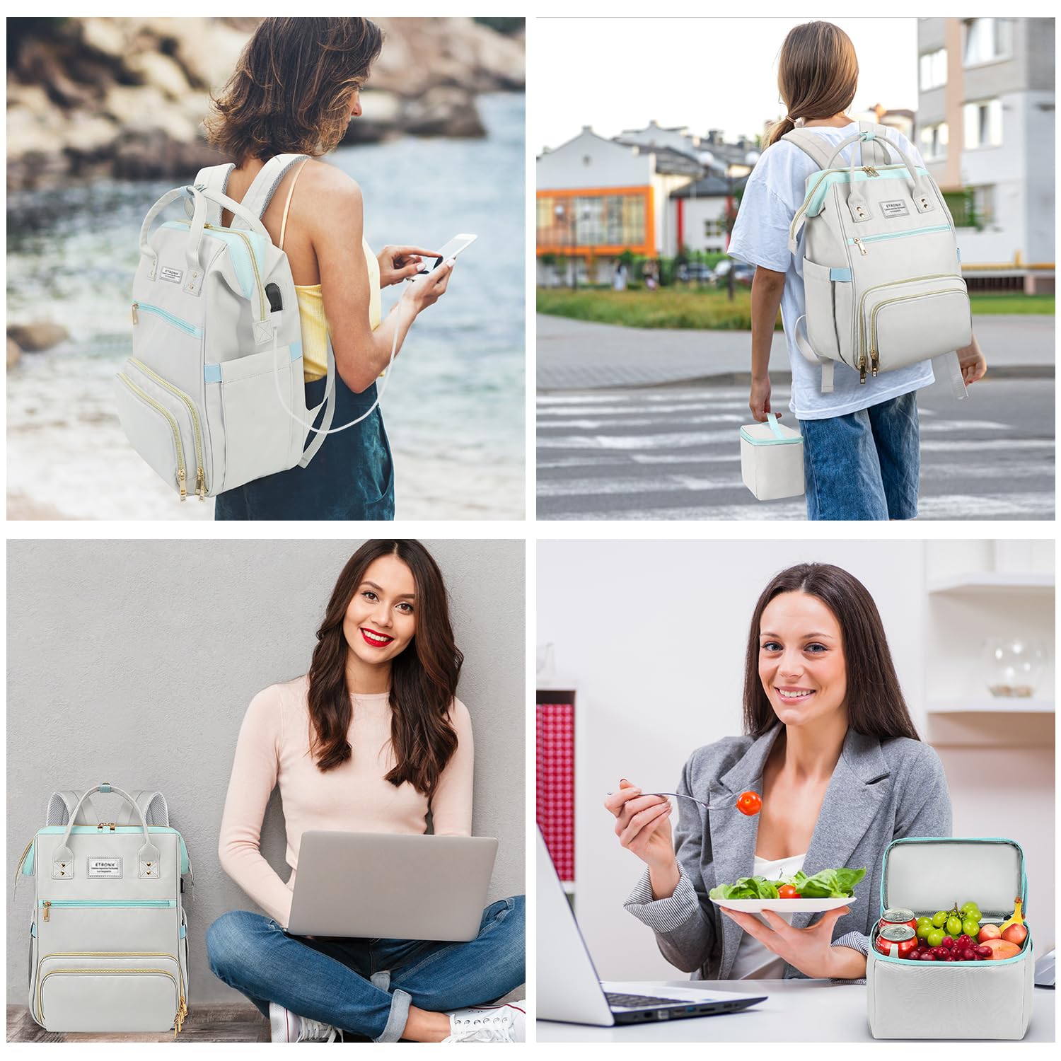 ETRONIK Lunch Backpack, 15.6 Inch Laptop Backpack with USB Port, Stylish Nurse, Teacher Work Bag with Insulated Cooler Lunch Box for Women Men, College Backpack for Travel, Grey Blue