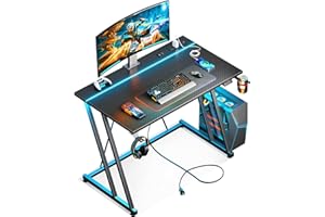 MOTPK Small Gaming Desk with LED Lights & Power Outlet, Computer Desk 31.5inch for Small Space, Cheap Gaming Table with Carbon Fiber Texture, Kids Desk Gift for Boys Men, Black