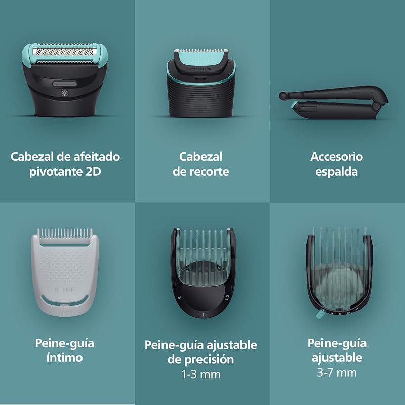 Afeitadora Corporal S7000 - Recortadora para Hombre con Cabezal Pivotante Intercambiable 2D, Sistema Triple Protect, Apta para la Ducha y la Zona Íntima, 120 min. de Autonomía, BG7480/15
