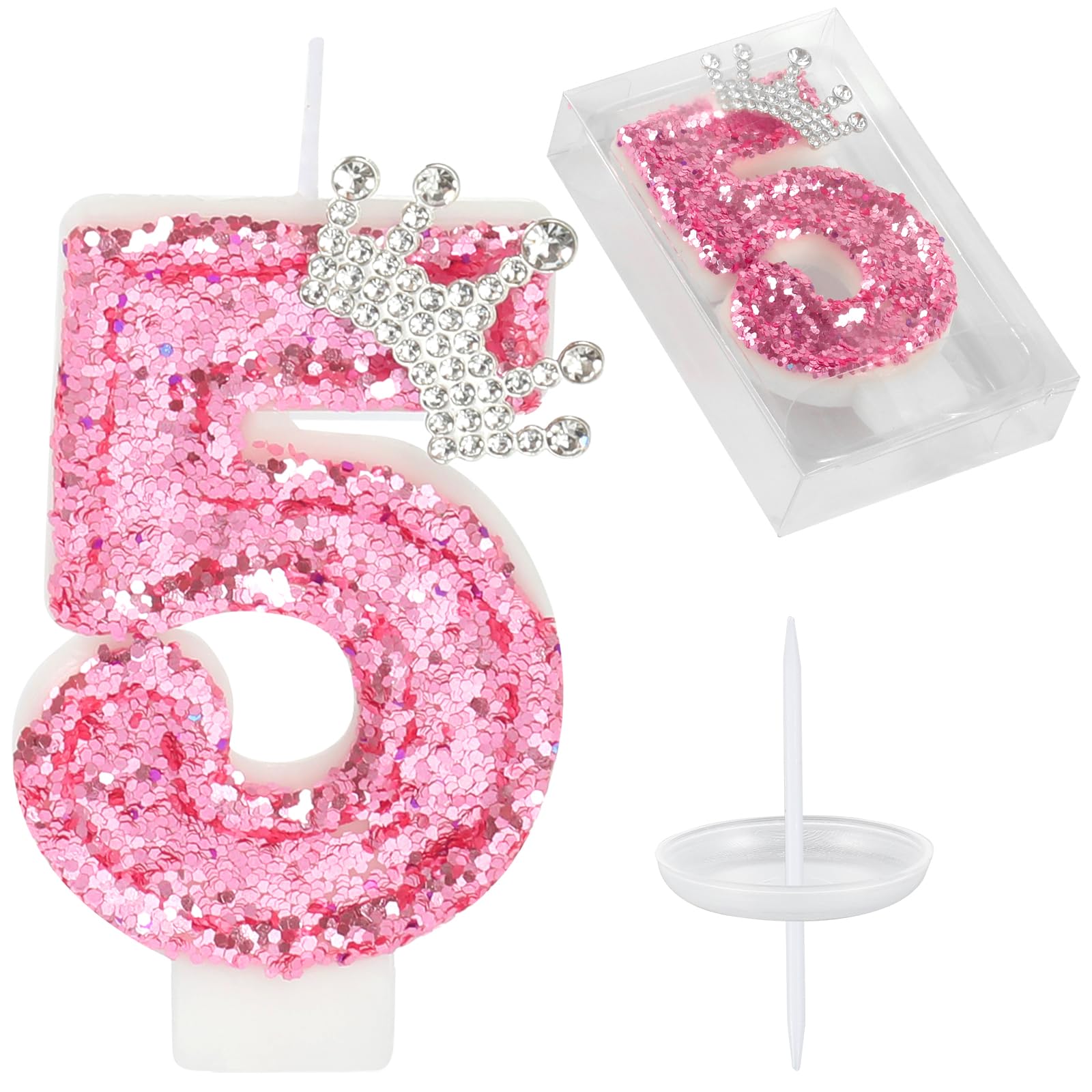 Photo 1 of Birthday Number Candles,Pink Crown Birthday Candles for Cake,Glitter Number 5 Candle Cake Topper with Sequins for Girls,Women, Anniversary Celebrations Supplies (Pink 5)