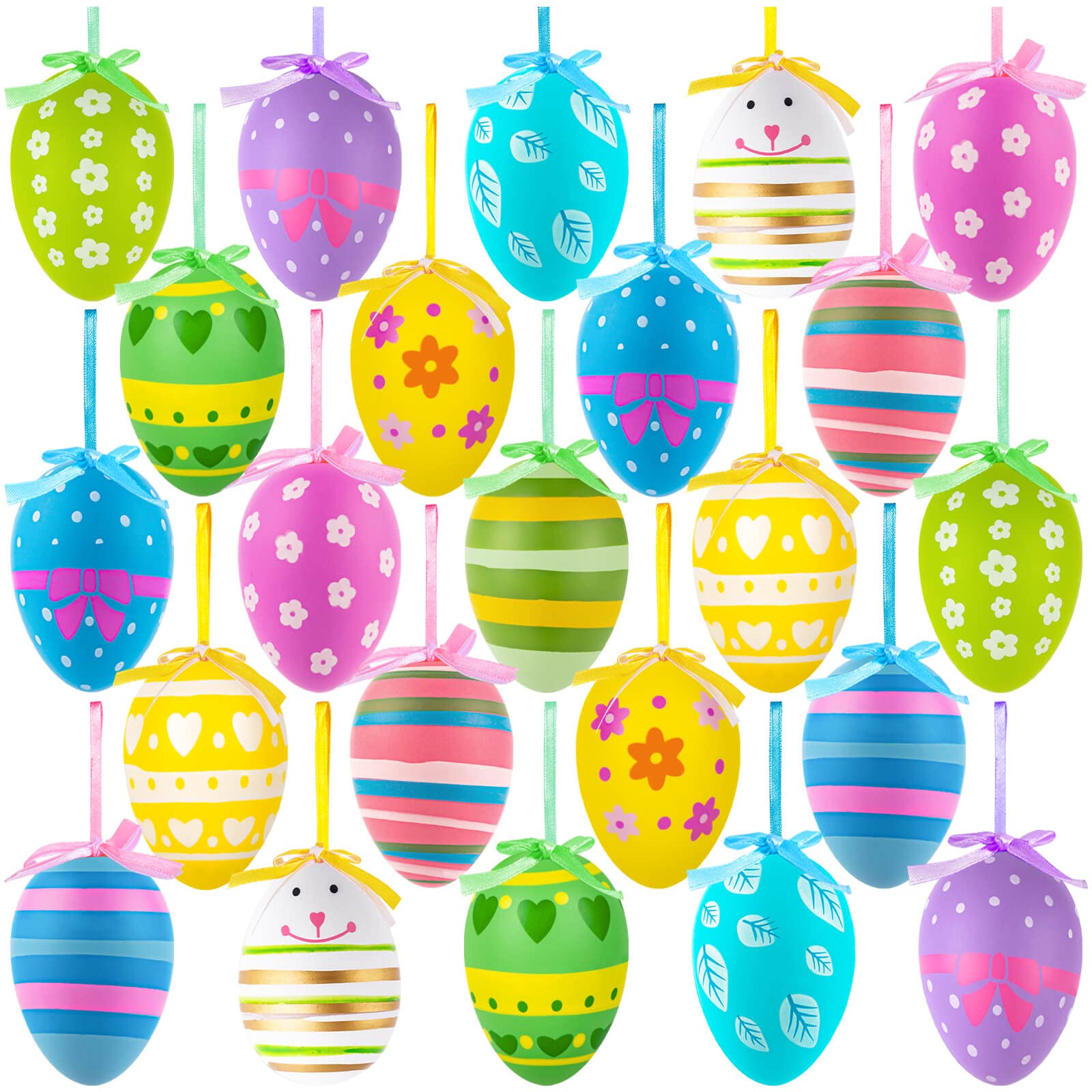Photo 1 of 24 Pcs Easter Hanging Eggs, Multicolored Plastic Easter Egg Hanging Ornaments, Decorative Hand Painted Ball DIY Crafts Tree Ornaments for Decoration, Random Styles
