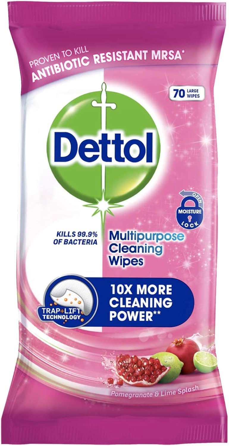 Dettol Multipurpose Cleaning Wipes Pomegranate & Lime 70 Large Wipes, 70 count (Pack of 1)
