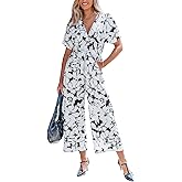 CUPSHE Jumpsuits for Women Dressy Belted Floral Print Overalls V Neck Shorts Sleeves Wide Leg Rompers Vacation Outfits