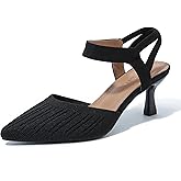 fereshte Women's Pointed Toe Kitten Heel Sandals, Knit Fabric, Elastic Ankle Strap Dress Pumps