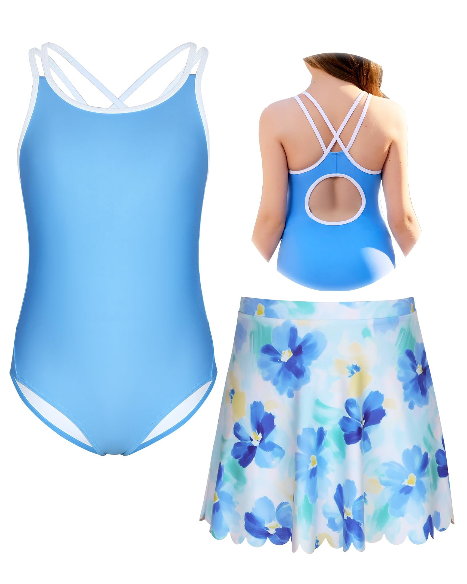 Photo 1 of beautyin Girls Swimsuit with Printed Skirt One Piece Beach Pool Swimwear Blue