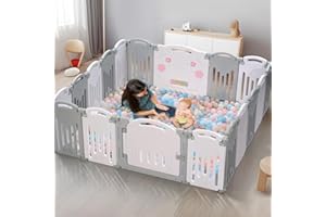 UANLAUO Play Yard Baby Playpen 18 panel, Baby Fence Play Area for Babies and Toddlers Foldable, Adjustable Shape, Easy to Assemble Indoor/Outdoor, Baby Play Yard, Baby Fence & Play Area (Grey+White)