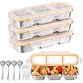LemonRoad 4 Sets Stainless Steel Snack Containers for Kids Adults Reusable 3 Compartment Snack Boxes with Lids Leak Proof Metal Bento Lunch Boxes with Forks and Spoons for School Work Travel