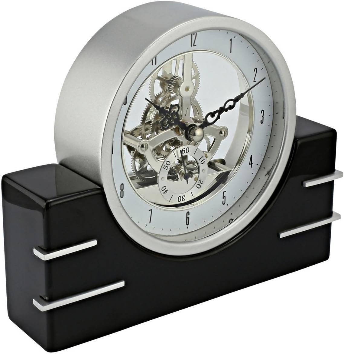 David Peterson Art Deco Skeleton Clock with Chrome Quartz Movement, Hardwood, Black Piano, 5.5 x 18.5 x 14.5 cm