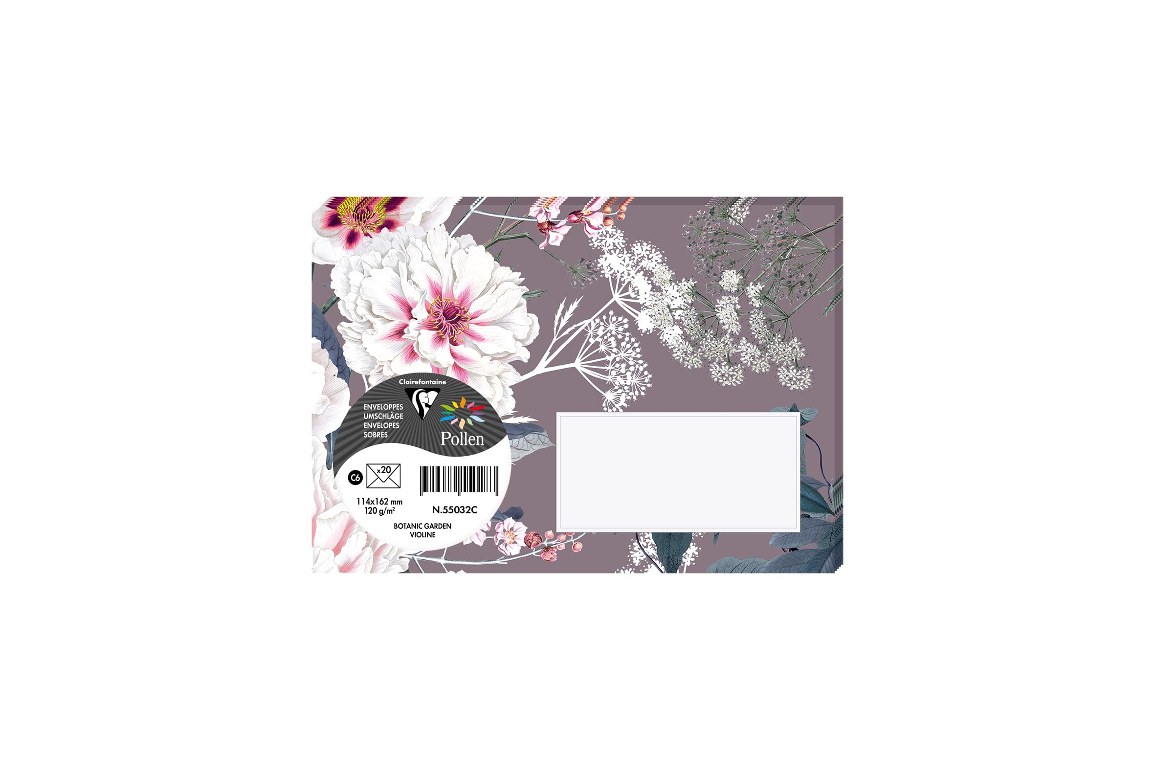 Clairefontaine 55032C Botanic Garden Theme Set of 20 Gummed Printed Envelopes C6 11,4x16,2cm 120g Intensive Lilac Colour Event Invitations Pollen Range