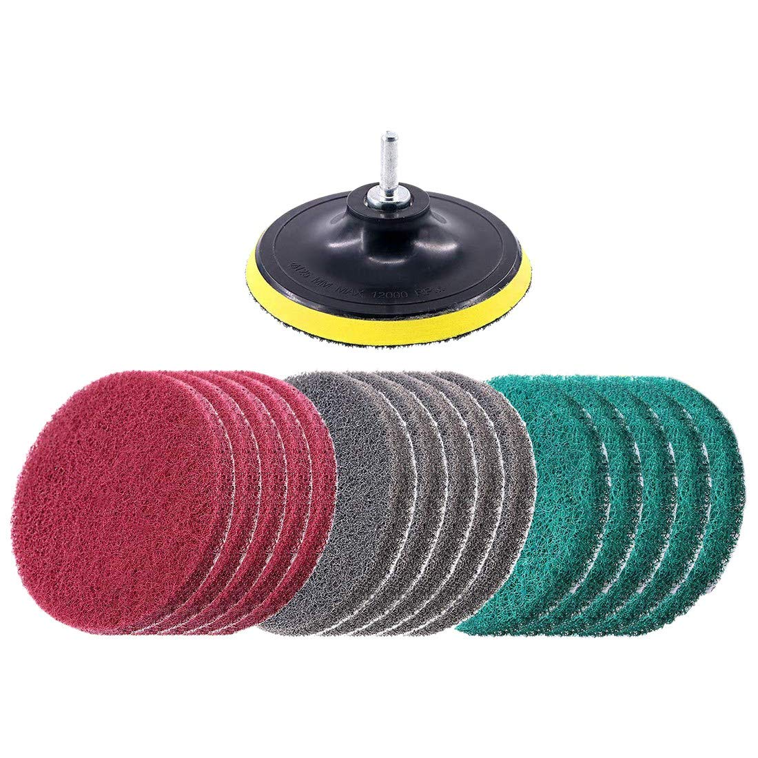 KJKVIVH 16Pcs 5Inch 3 Different Color Scrubbing Pads Drill Powered Brush Tile Scrubber Scouring Pads Cleaning Kit,Abrasive Buffing Pads Replacement 1 Pcs Hook Attachment for House Cleaning